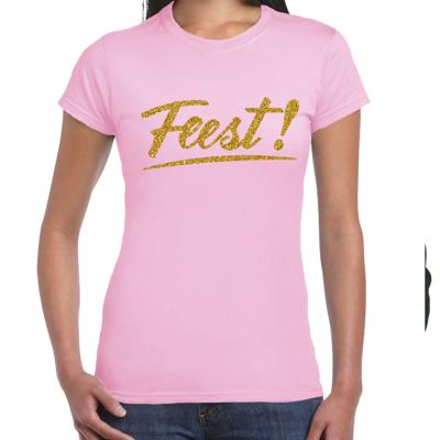 Feestkleding T-shirt voor dames - lichtroze - glitter goud - Glitter en Glamour
