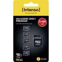 Intenso Premium 5er Pack (5 x 64 GB) microSDXC-kaart 64 GB Class 10 UHS-I Incl. SD-adapter