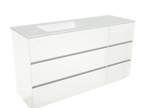 Storke Edge staand badkamermeubel 150 x 52,5 cm hoogglans wit met Mata asymmetrisch linkse wastafel in matte Solid Surface