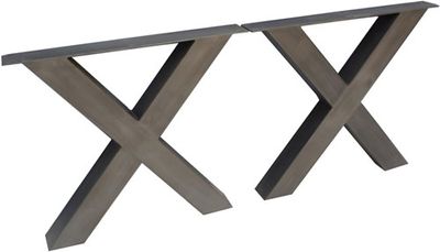 Iron Dining Table X Leg Natural Blue Steel Set of 2