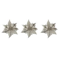 3x stuks decoratie bloemen kerstster champagne glitter op clip 18 cm - thumbnail