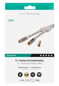 Vivanco Antenne Aansluitkabel [1x Antennestekker 75 Ω - 1x Antennebus 75 Ω] 5.00 m Vergulde steekcontacten, Viervoudig afgeschermd, Met Ferrietkern Wit