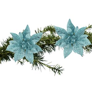 2x stuks kerstboom decoratie bloemen ijsblauw glitter op clip 15 cm