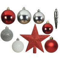 33x stuks kunststof kerstballen met piek rood/wit/zilver 5-6-8 cm - Kerstbal