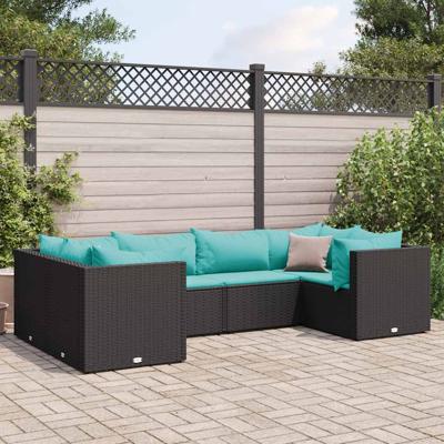 6-delige Loungeset met kussens poly rattan zwart