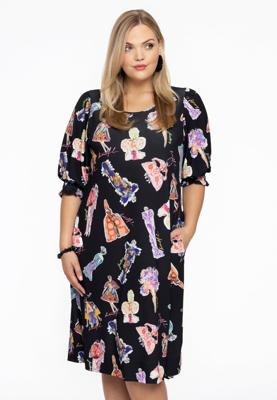 Yoek Jurk met pofmouw | Zwart | Maat 54/56
