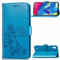 Lucky Clover ingedrukt bloemen patroon lederen draagtas voor Galaxy M10 met houder & kaartsleuven & portemonnee & hand strap (blauw)