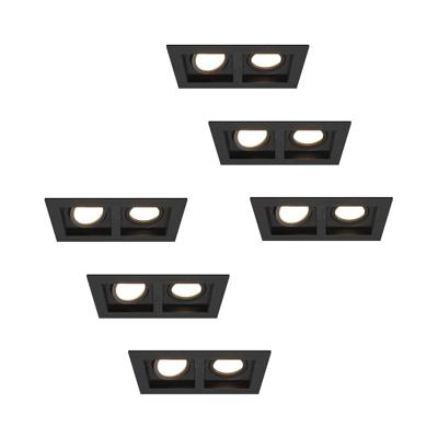 Set van 6 Fresno Dubbele Inbouwspot - Rechthoek - 2x GU10 - 4000K neutraal wit - 10 Watt 800 lumen - Kantelbaar - IP20 stofdicht - Zwart