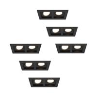 Set van 6 Fresno Dubbele Inbouwspot - Rechthoek - 2x GU10 - 4000K neutraal wit - 10 Watt 800 lumen - Kantelbaar - IP20 stofdicht - Zwart