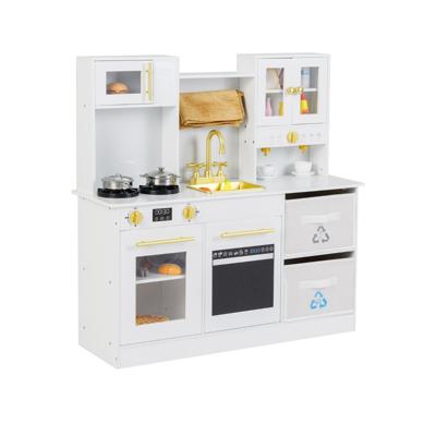 Kinderkeuken Speelset Houten Speelkeuken met Fornuis Geluid & Licht Koffiemachine Kraan & Kookgerei Wit