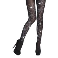 Halloween verkleed heksen panty - dames - zwart - witte spinnenwebben - one size - thumbnail