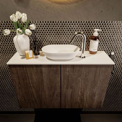 Mondiaz Fowy toiletmeubel 80cm dark brown met blad en waskom talc midden 1 kraangat