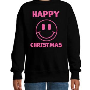 Kersttrui/sweater voor jongens/meisjes - Happy Christmas - zwart - Smile Emoticon - glitter roze