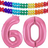 Grote folie ballonnen cijfer 60 in het glimmend roze 86 cm en 2x feestslingers - thumbnail