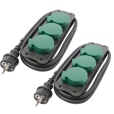 Stekkerdoos - 2x - zwart/groen - 3-voudig - 1,5 meter snoer - 3680W - weerbestendig - waterproof