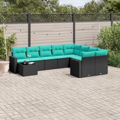 10-delige Loungeset met kussens poly rattan zwart
