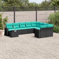 10-delige Loungeset met kussens poly rattan zwart