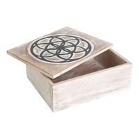 Tarot- of Sieradendoos White Wash Hout Flower of Life Indonesië 22,5x18x8,5 cm - thumbnail