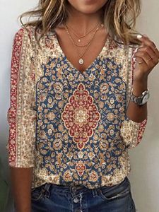 Casual V Neck Loose Ethnic T-Shirt