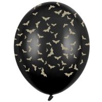 6x Zwart/gouden Halloween ballonnen 30 cm met vleermuizen print - thumbnail