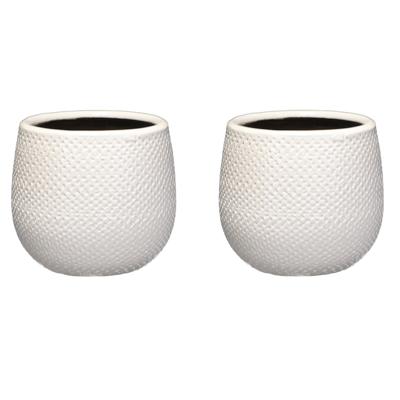 Mica Decorations Bloempot - 4x stuks - wit - keramiek - ribbels - D14 x H12 cm