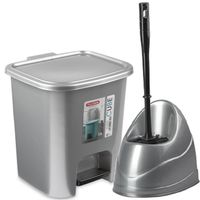 WC-/toiletborstel en houder - zilver - met kleine pedaalemmer 7.5 liter - Badkameraccessoireset - thumbnail