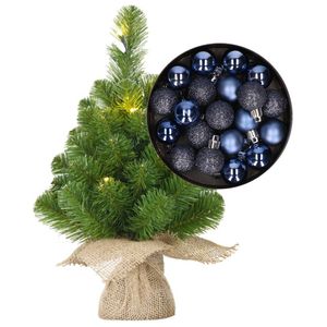 Mini kerstboom/kunstboom met verlichting 45 cm en inclusief kerstballen donkerblauw - Kunstkerstboom