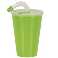 Drinkbeker met deksel en rietje - groen - kunststof - 450 ml - 12 x 9 cm