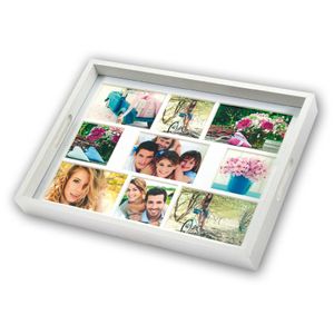 Houten foto dienblad wit 45 x 35 cm met 9 foto in diverse maten