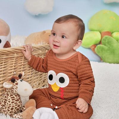 Baby Boy Casual Everyday Adorable Turkey Expression Colorful Tail Embroidered Textured Fabric Warm Jumpsuit For Fall/Winter, Suitable For Thanksgiving Brown / 0-1M