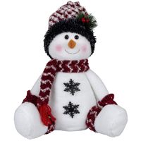 Pluche decoratie sneeuwpop - 36 cm - met witte muts - zittend - thumbnail