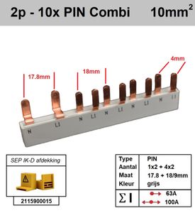 SEP Verdeelkam fase nul voor 1 aardlekschakelaar 2 modules en 4 automaten 1 module pin 2x18mm
