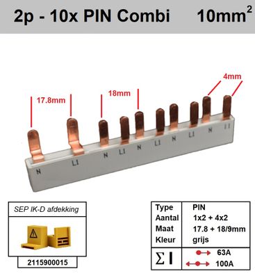 SEP Verdeelkam fase nul voor 1 aardlekschakelaar 2 modules en 4 automaten 1 module pin 2x18mm