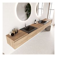 Mondiaz Bukla 300cm badmeubel met module 60 kleur washed oak 5 lades met dubbele wastafel 2 kraangaten kleur urban Mondiaz Bukla 300cm badmeubel met module 60 kleur washed oak 5 lades met dubbele wastafel 2 kraangaten kleur urban