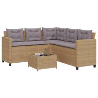 Tuinbank met tafel en kussens L-vormig poly rattan beige - thumbnail