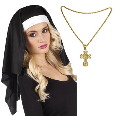 Verkleed set Non - hoofdkapje - ketting met kruis - nonnen - carnaval - themafeest