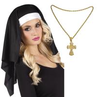 Verkleed set Non - hoofdkapje - ketting met kruis - nonnen - carnaval - themafeest