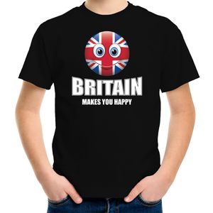 Britain makes you happy landen t-shirt Verenigd Koninkrijk zwart voor kinderen met Emoticon