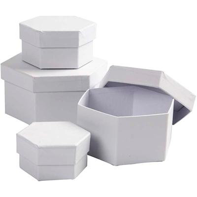 Creativ Company Hexagonale dozen, h: 4+5+6+7 cm, d 6,5+8+10+12 cm, wit, 4 stuk/ 1 set
