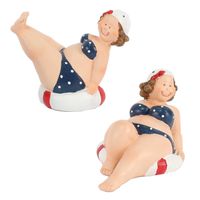 Woonkamer decoratie beeldjes set van 2 dikke dames - blauw badpak - 10 cm - thumbnail