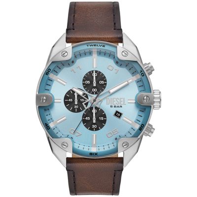 Diesel DZ4606 Horloge Spiked Chrono staal-leder zilverkleurig-blauw-bruin 49 mm