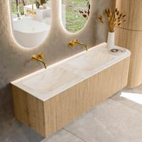 Mondiaz KURVE-DLUX 145 cm Onderkast Greeploos 1 Lade Met Deuren Oak, Wastafel Solid Surface Links Ostra 0 Kraangaten Zonder Spiegel (KRVLEA145R1L1D0KD-Oak/Ost)