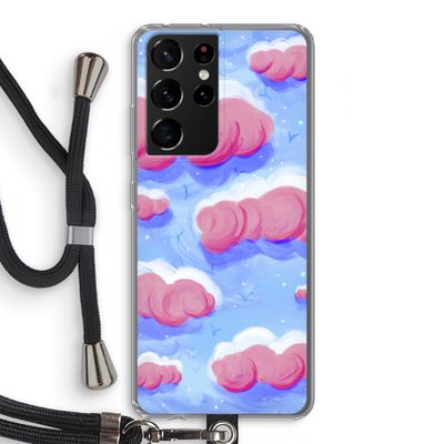 Roze wolken met vogels: Samsung Galaxy S21 Ultra Transparant Hoesje met koord