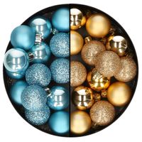 Kleine kerstballen - 28x st - goud en ijsblauw - 3 cm - kunststof