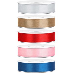 5x rollen satijnlint zilver-goud-rood-roze-blauw 1,2 cm x 25 meter