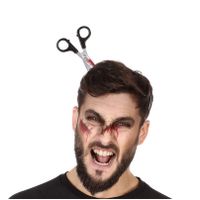 Halloween/horror verkleed hoofdband - dikke pech - schaar in je hoofd - kunststof   - - thumbnail