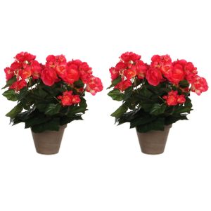 2x stuks donkerroze Begonia kunstplant 30 cm in grijze pot