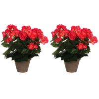 2x stuks donkerroze Begonia kunstplant 30 cm in grijze pot - thumbnail