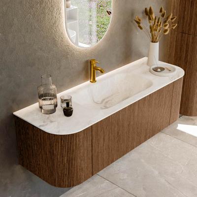 Mondiaz KURVE-DLUX 140 cm Onderkast Greeploos 1 Lade Met Deuren Walnut, Wastafel Solid Surface Midden Frappe 1 Kraangat Zonder Spiegel (KRVBGS140L+R1L2D1KM-Wal/Fra)