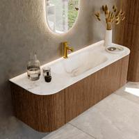 Mondiaz KURVE-DLUX 140 cm Onderkast Greeploos 1 Lade Met Deuren Walnut, Wastafel Solid Surface Midden Frappe 1 Kraangat Zonder Spiegel (KRVBGS140L+R1L2D1KM-Wal/Fra)